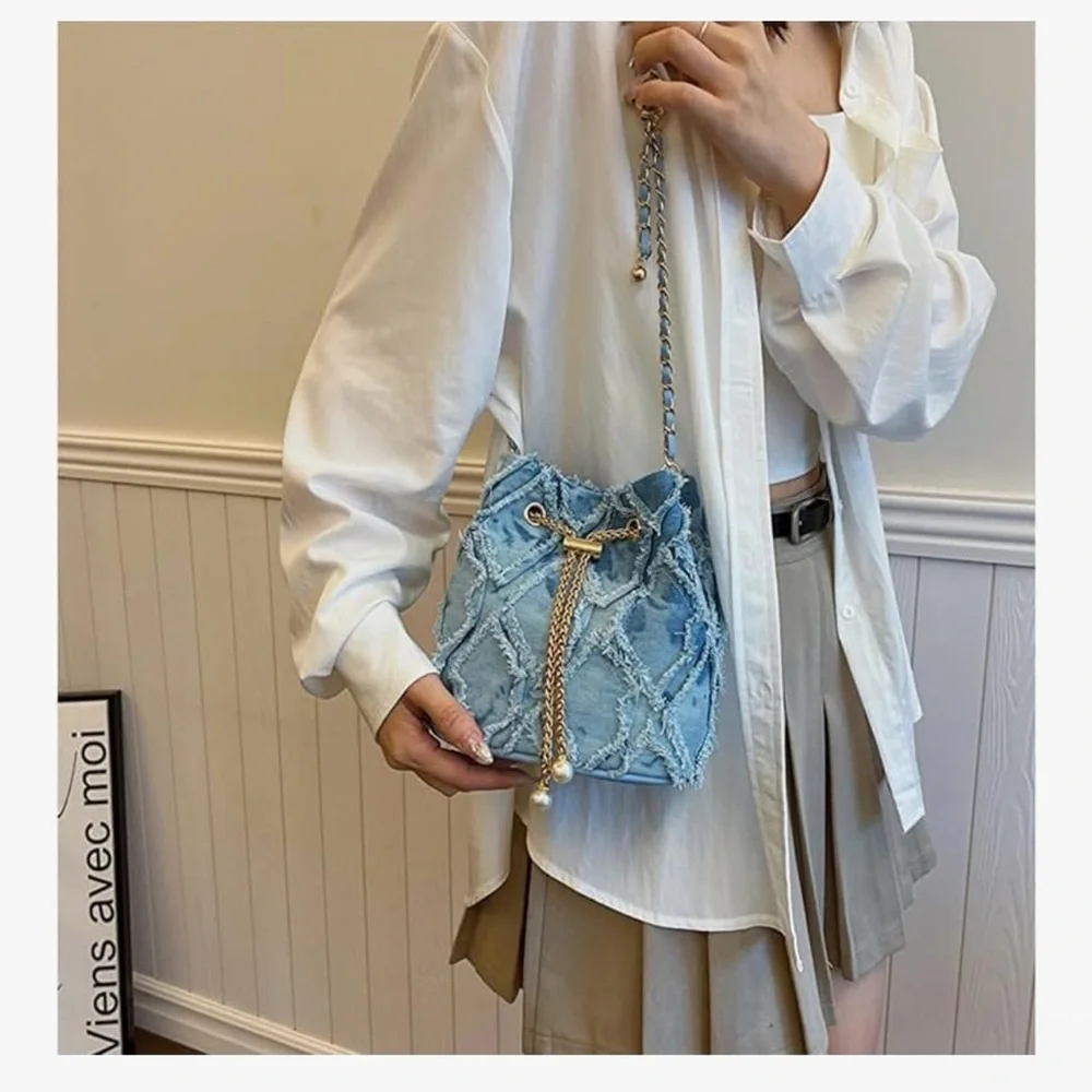 🆕 Vintage Denim Shoulder Bag for Women with Chain Strap Retro Crossbody Bag - Picture 8 of 9